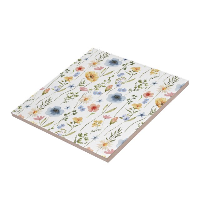 Blue Yellow Pink Wildflower Watercolor Kakelplatta (Sidan)