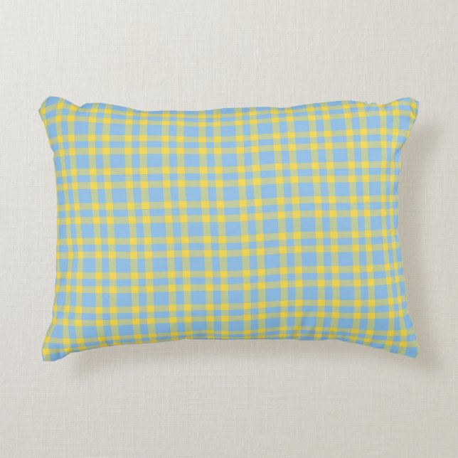 Blue Yellow Plaid Pattern Prydnadskudde (Framsidan)