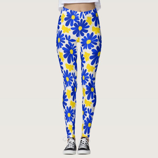 Blue & Yellow Retro Daisy Print Leggings (Framsida)