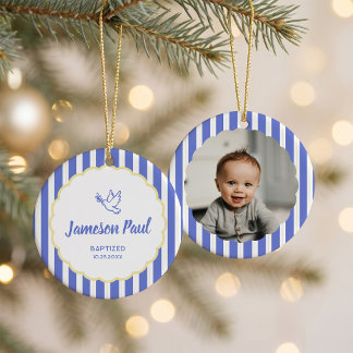 Blue & Yellow Striped Dove Photo Baptism Julgransprydnad Keramik