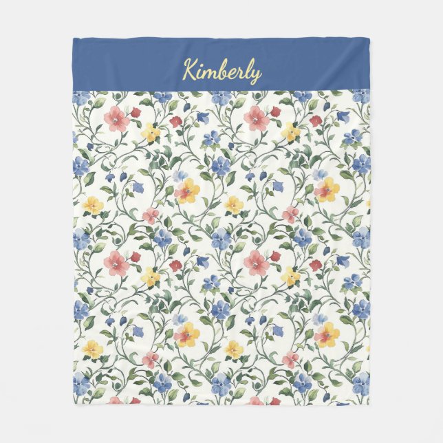 Blue Yellow Watercolor Wildflower Monogram Name Fleecefilt (Framsidan)