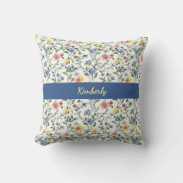 Blue Yellow Watercolor Wildflower Monogram Name Kudde