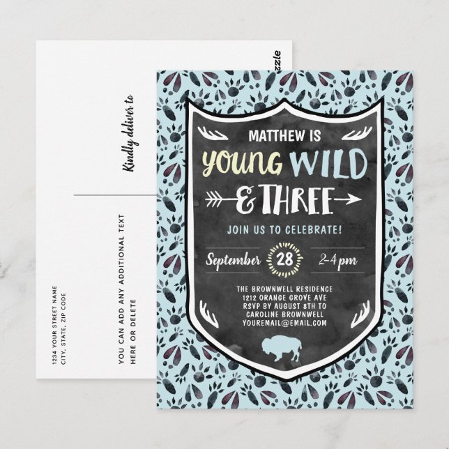 Blue Young Vild och Three Boys 3rd Birthday Party Vykort (Fram/baksida)