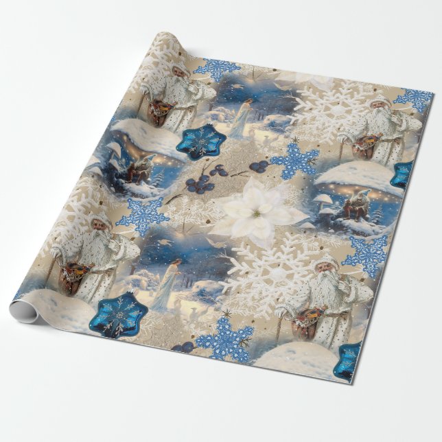 Blue Yuletide Fantasy Wrapping Papper Presentpapper (Utrullad)