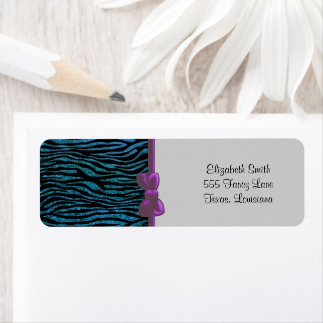 Blue Zebra, Glitter Zebra, Zebra tryck, Rand Returadress Etikett (Insitu)