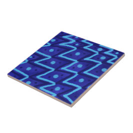 Blue Zig Zags Dots Funky Pattern Kakelplatta