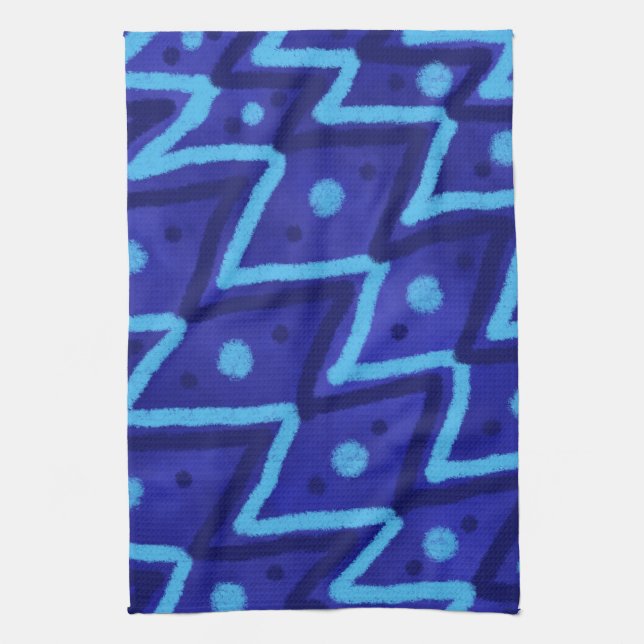 Blue Zig Zags Dots Funky Pattern  Kökshandduk (Vertikal)