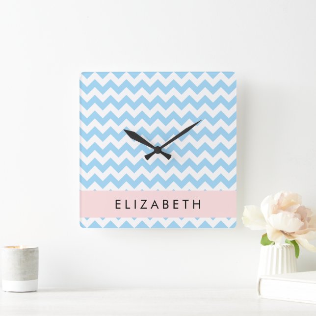 Blue Zigzag, Blue Chevron, Wave Mönster, ditt namn Fyrkantig Klocka (Hem)