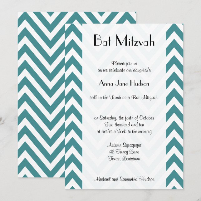 Blue Zigzag, Blue Chevron, Zigzag, Bat mitzvah Inbjudningar (Fram/baksida)