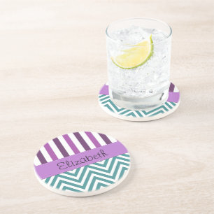 Blue Zigzag, Chevron, Lila Rand, ditt namn Underlägg Sandsten