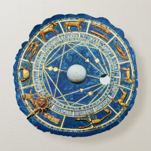 Blue Zodiac Astrology Birth / Sol Signs Guld Stars Rund Kudde