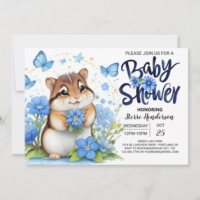 Bluebell Stollig Chipmunk Blue Boy Shower Inbjudningar (Framsida)
