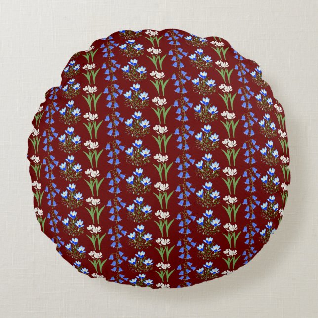 Bluebelles, Crocuses & Tulips Round Pillow Maroon Rund Kudde (Framsidan)