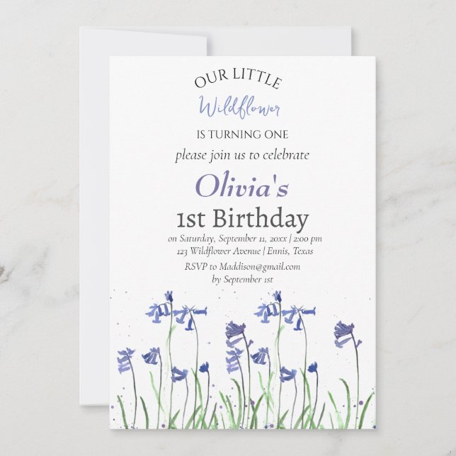 Bluebells 1st First Birthday Girl Blue Blommigt Inbjudningar (Framsida)