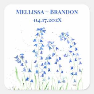 Bluebells Blue Blommigt Summer Watercolor botanica Fyrkantigt Klistermärke