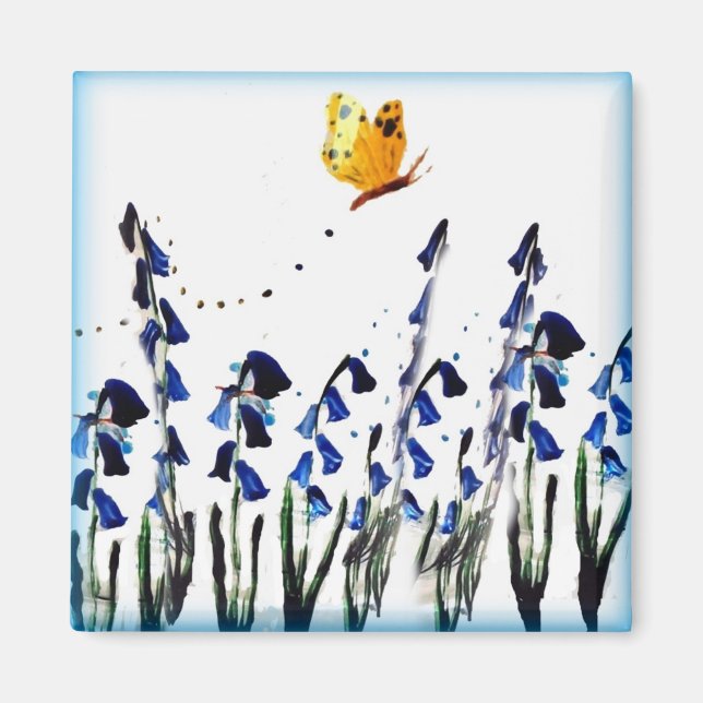 Bluebells Butterfly Blommigt Vår Magnet (Framsidan)