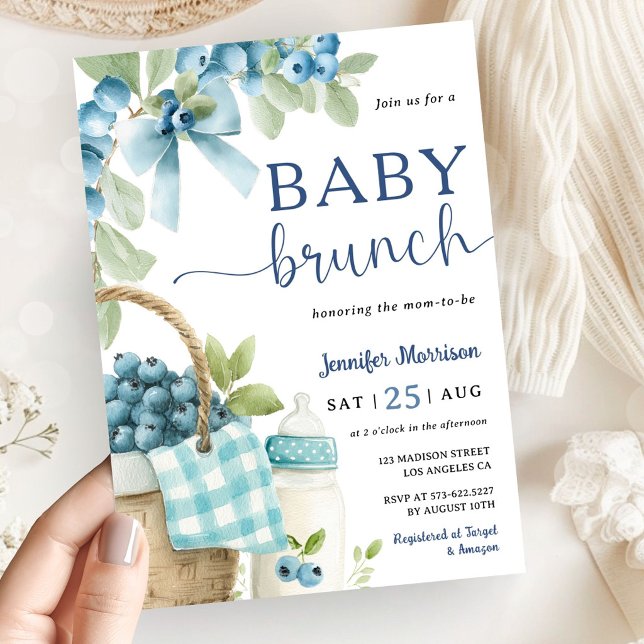 Blueberry Baby Brunch Boy Bow & Bottle Baby Shower Inbjudningar (Skapare uppladdad)