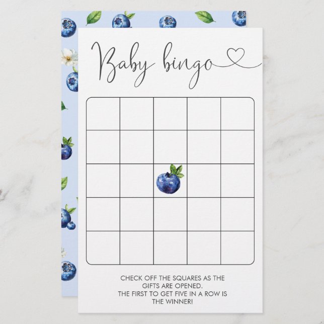 Blueberry Baby Shower Bingo Game (Fram/baksida)