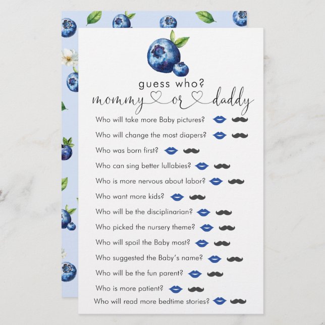 Blueberry Baby Shower "Gissa Vem" Game (Fram/baksida)