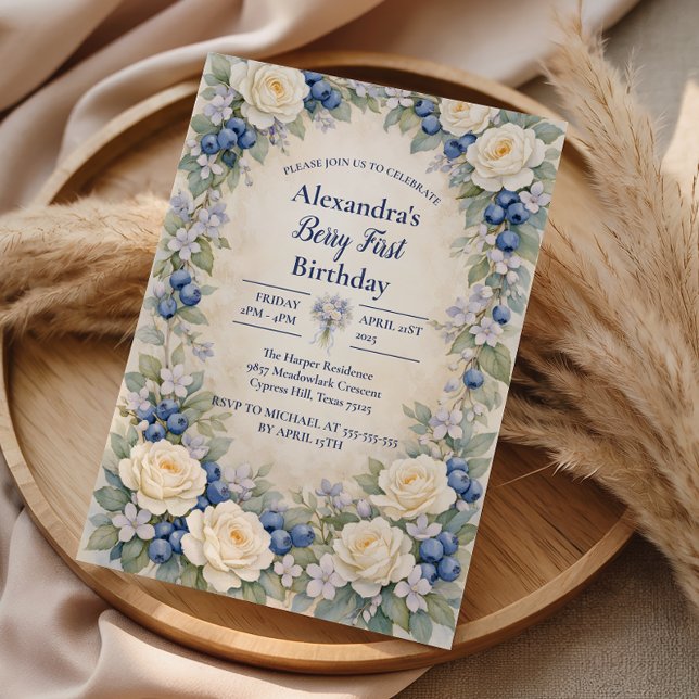 Blueberry Berry Botanical 1st Birthday Inbjudningar (Skapare uppladdad)