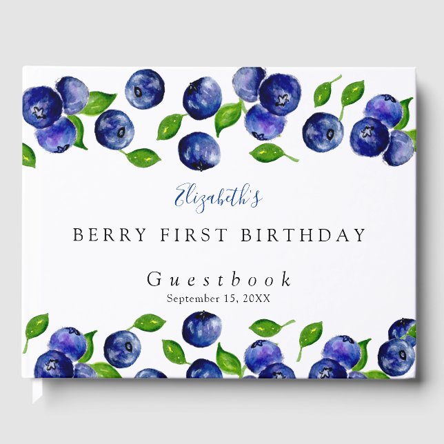 Blueberry Berry First Birthday Watercolor Cute Gästböcker (Framsida)