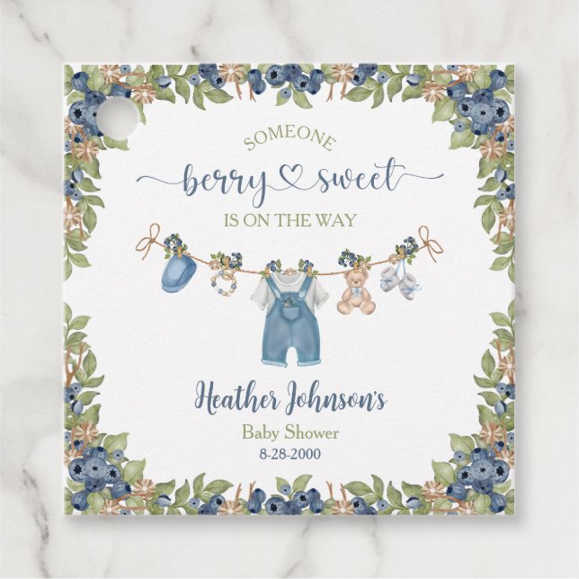Blueberry Berry Sweet Clothesline Baby Shower Gåvor Etiketter (Framsida)