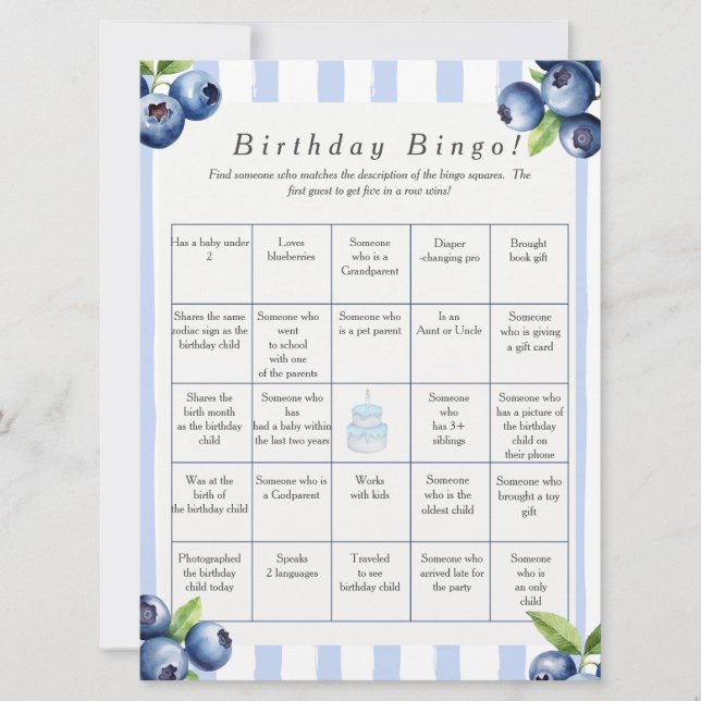 Blueberry  Birthday Find Guest Bingo game card Julkort (Framsida)