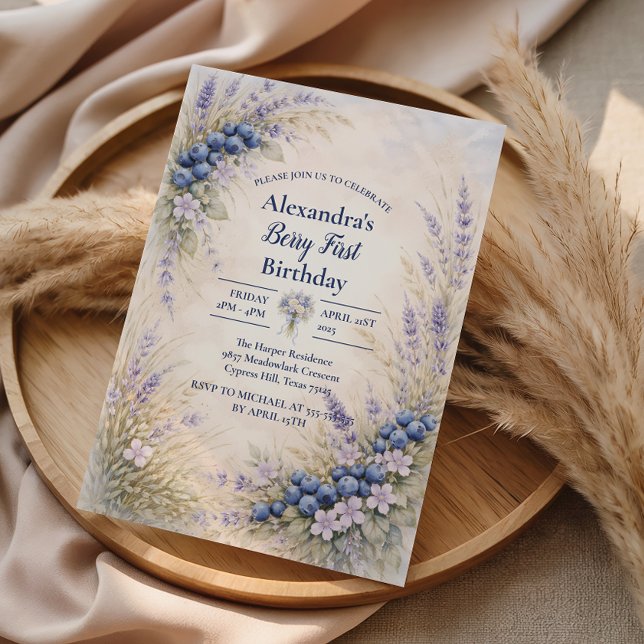 Blueberry Botanical Berry Theme 1st Birthday Inbjudningar (Skapare uppladdad)