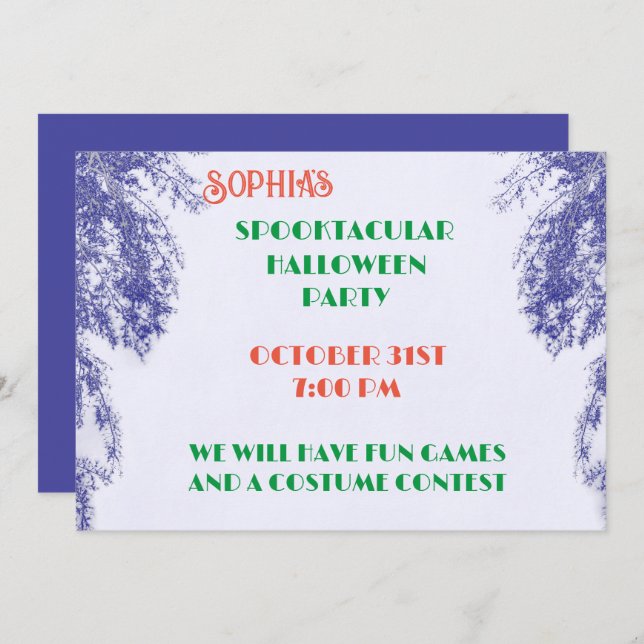 Blueberry Färg Träd Elegant Gothic Halloween Inbjudningar (Fram/baksida)