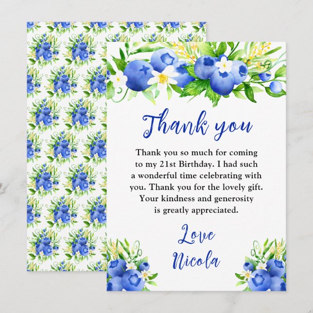 Blueberry Floral Birthday Tack Kort (Fram/baksida)