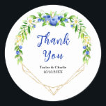 Blueberry Floral Wedding Thank You Runt Klistermärke<br><div class="desc">This fun and whimsical wedding thank you sticker features watercolor blueberries,  daisies and foliage on a gold geometric frame. The text combines handwritten script and serif fonts for a stylish and modern look. This is perfect for a summer rustic wedding.</div>