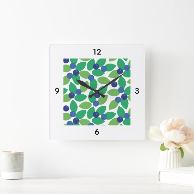 Blueberry Modern Elegant Pattern Green Purple. Fyrkantig Klocka (Hem)