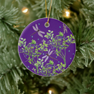 Blueberry mönster med drakflugor julgransprydnad keramik