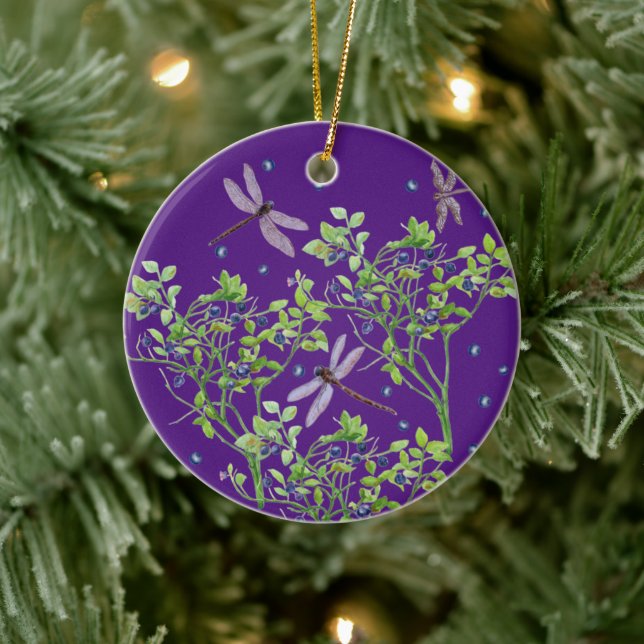Blueberry mönster med drakflugor julgransprydnad keramik (Träd)