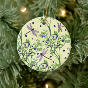 Blueberry mönster med drakflugor julgransprydnad keramik