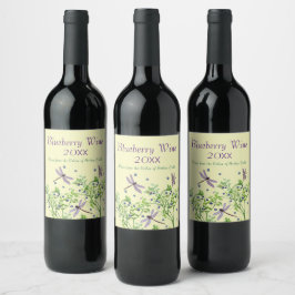 Blueberry mönster med drakflugor vinflaska etikett