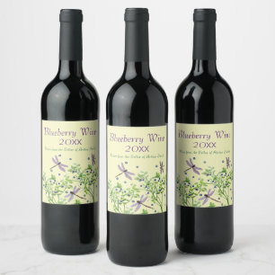 Blueberry mönster med drakflugor vinflaska etikett