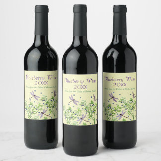 Blueberry mönster med drakflugor vinflaska etikett
