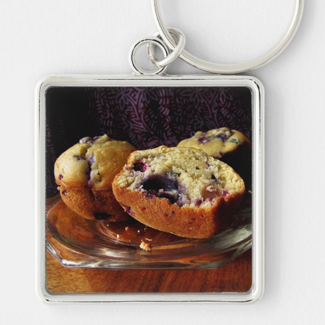 Blueberry Muffins Fyrkantig Silverfärgad Nyckelring (Framsidan)