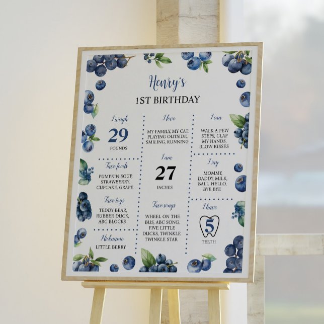 Blueberry Sweet 1st Birthday Party Milestone Sign Poster (Skapare uppladdad)
