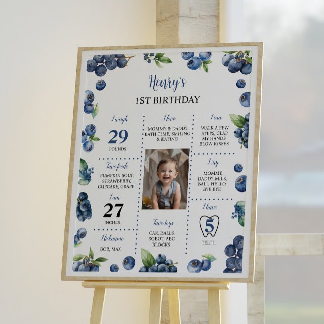 Blueberry Sweet 1st Birthday Party Milestone Sign Poster (Skapare uppladdad)