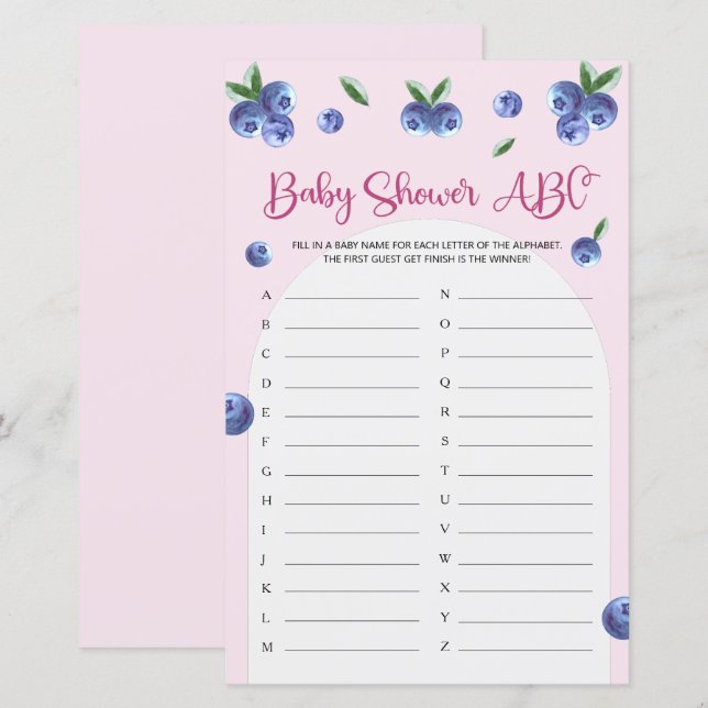 Blueberry Sweet Watercolor Baby Shower ABC-spel (Fram/baksida)