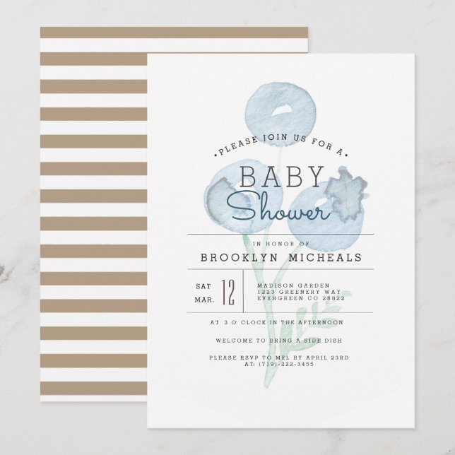 Blueberry Trio | Berry Watercolor Baby Shower Inbjudningar (Fram/baksida)