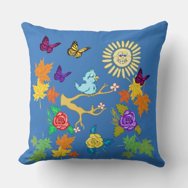 Bluebird and Sunshine Springtime Square Pillow Kudde (Framsida)