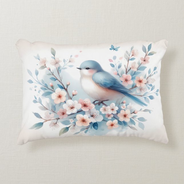 Bluebird Blossom Watercolor Serenity Prydnadskudde (Framsidan)