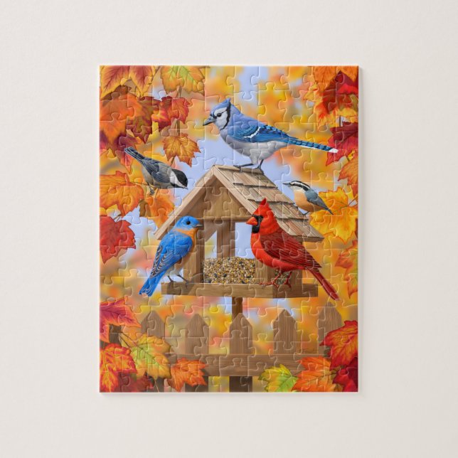 Bluebird Chickadee Cardinal Autumn Bird Feeder Pussel (Vertikal)