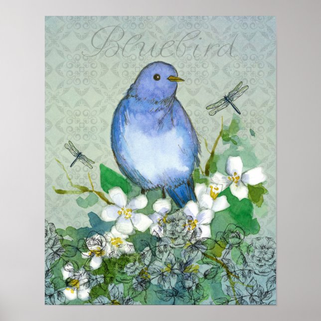 Bluebird Flower Collage Dragonflies Syringa Poster (Framsidan)