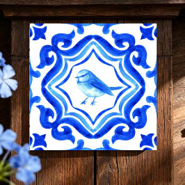Bluebird Garden  Watercolor Bird Mosaic Coastal Kakelplatta