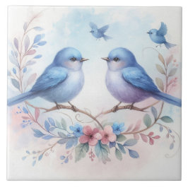 Bluebird Harmony on a Blommigt Perch Ceramic Tile Kakelplatta