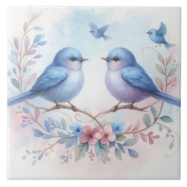 Bluebird Harmony on a Blommigt Perch Ceramic Tile Kakelplatta (Framsidan)
